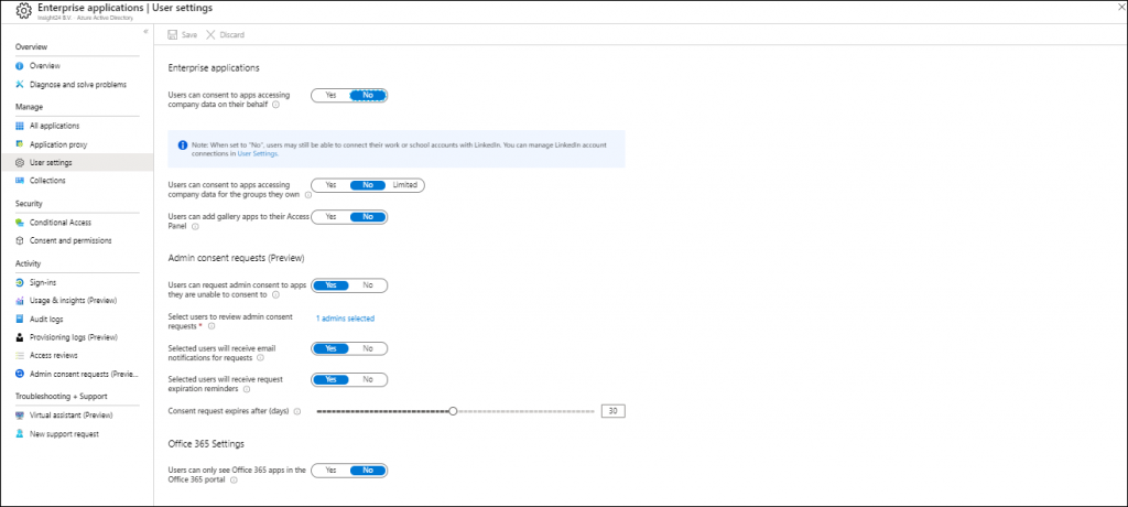 Machine generated alternative text:
Enterprise applications I User settings 
Enterprise app 
—t to apss æirg 
data t her O 
O Ettng: 
Sig 
Audit 
log: 
Admin 
Supp«t 
—t to 
data grups thO' 
apps to 
Admin consent requests (Preview) 
admin —t to apgs 
are to —t to O 
(days) CO 
Office SES Settings 
3ES apps in 
Of-eæ pMal 