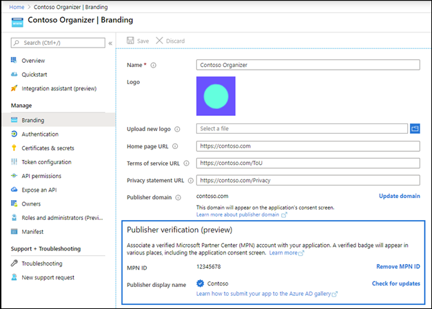 Machine generated alternative text:
Contoso Organizer I Branding 
Integratkn 
CetiSat6 & wets 
Expos. an 
of @ 
statement URL @ 
C Orgarå:e 
Select a 
htt%'/CCnt 
Suwt • 
Neo request 
pub"sher @ 
Publisher verification (preview) 
a Mifv« A apper 
screen. e 
NPN 10 
to app to AD 