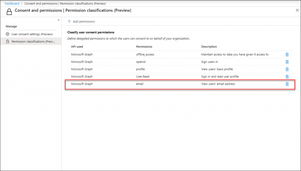 Machine generated alternative text:
Dashboard > Consent and permissions I Permission classifications (Preview) 
Consent and permissions I Permission classifications (Preview) 
x 
Manage 
@ user consent settings (Preview) 
Permission classifications (Previ... 
Add permissions 
Classify user consent permissions 
Define delegated permissions to which the users can consent to on behalf of your organization. 
API used 
Microsoft Graph 
Microsoft Graph 
Microsoft Graph 
Microsoft Graph 
Microsoft Graph 
Permissions 
offline access 
openid 
profile 
user.Read 
email 
Description 
Maintain access to date you have given it access to 
Sign users in 
View users' basic profile 
Sign in and read user profile 
View users' email address 