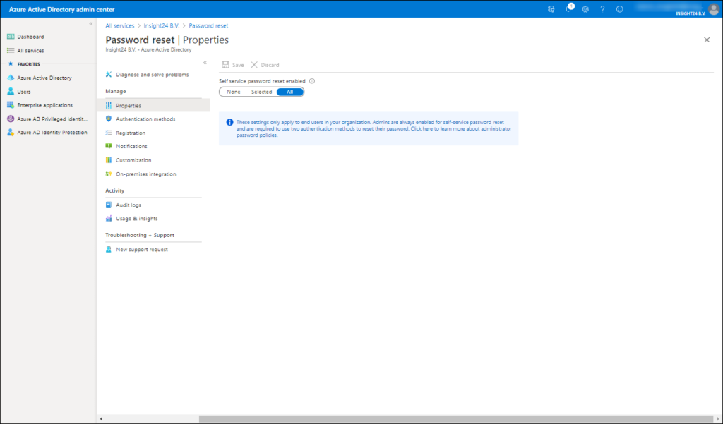 Azure Active Directory admin center 
All services > Insight24 3.V. > Password reset 
Password reset I Properties 
O 
— All 
—pplicstions 
Privllegee Identit._ 
Z•otectio 
Irgightu - Active 
p rcblems 
Authenticstion methods 
Regisæticn 
Notifietions 
Customiztion 
intægryticn 
Audit logs 
Lege & insights 
+ Support 
re guest 
Self 
pus" o rd 
O appt} to end in cæyniztiom Admirg for 
to to Click to —m mare 
* iciE_ 